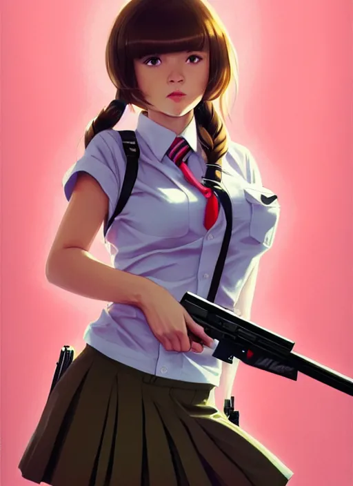 Image similar to movie, full body, cute, female, a pretty alluring girl wearing a school uniform and holding a sniper rifle, symmetry face, photoreal, realistic shaded lighting poster by ilya kuvshinov, katsuhiro otomo, kidmo!!!, trending on artstation, magali villeneuve, artgerm, jeremy lipkin and michael garmash