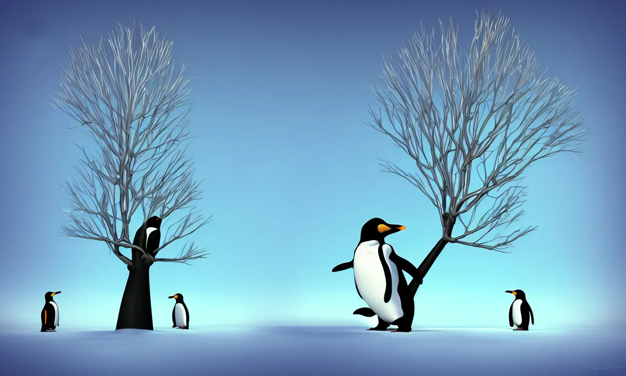 Image similar to penguin building a tree, digital art, 3 d illustration, transparent backround