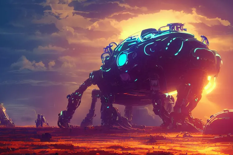 Image similar to huge mechanical creature robot in the middle, radiating a glowing aura, looking at the camera, symmetrical, global illumination, ray tracing, hdr, fanart, artstation, by ian pesty and alena aenami, artworks, 4 k