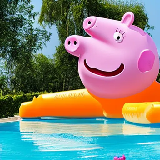 Image similar to a large inflatable float of Peppa Pig in a luxury hotel swimming pool