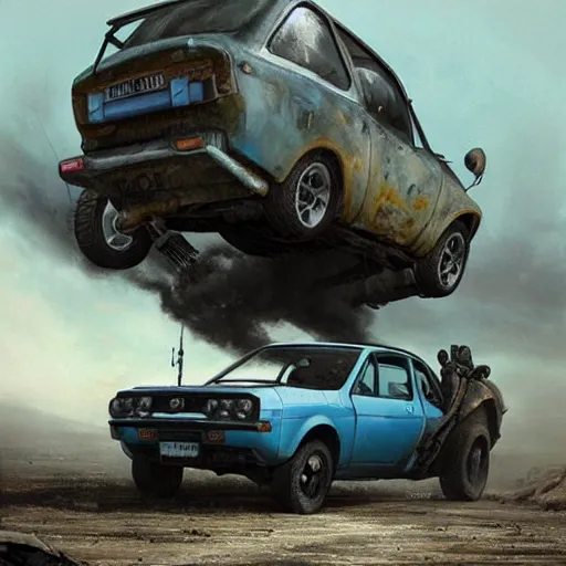 Image similar to a Dacia 1310 car in Mad Max, coriolios rpg art style, full of details, dark sci-fi, cold blue colors, matte painting, artstation, 8k, hyperrealistic, style of peter mohrbacher