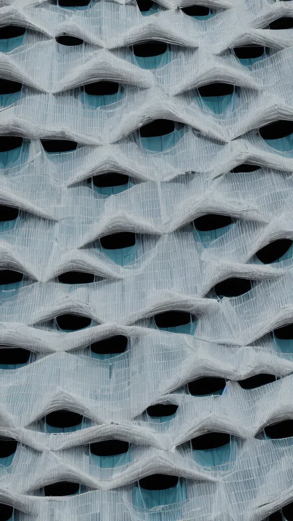 Prompt: hyperrealistic photo of a futuristic ceramic clad building in a urban setting. the building has many crowded balconies with hanging plants and large windows. parts of the building are wrapped in billowing fabric tarps. the fabric tarps are translucent mesh with large holes for balconies and windows. the fabric hangs from metal scaffolding. sharp focus. 8 k