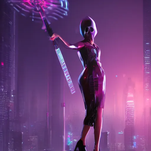 Image similar to a picture of a woman holding an umbrella, futuristic city, cyberpunk art by fyodor vasilyev, zbrush central contest winner, cubo - futurism, synthwave, darksynth, retrowave