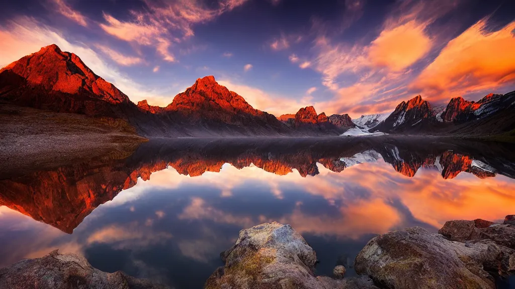 Image similar to amazing landscape photo of mountains with lake in sunset by marc adamus, beautiful dramatic lighting