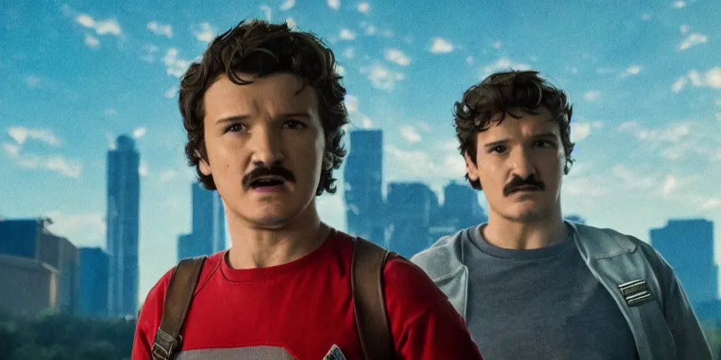 Image similar to pedro pascal stars as super mario in live action, stranger things and marvel style, heroic pose, poster, accurate ultra realistic faces, 4 k, movie still, uhd, sharp, detailed, cinematic, render, modern