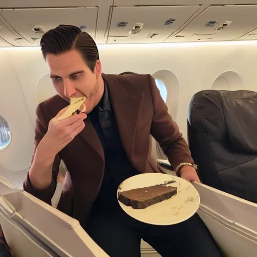 Image similar to a tall attractive man with slicked back brown hair eating cheese on an airplane