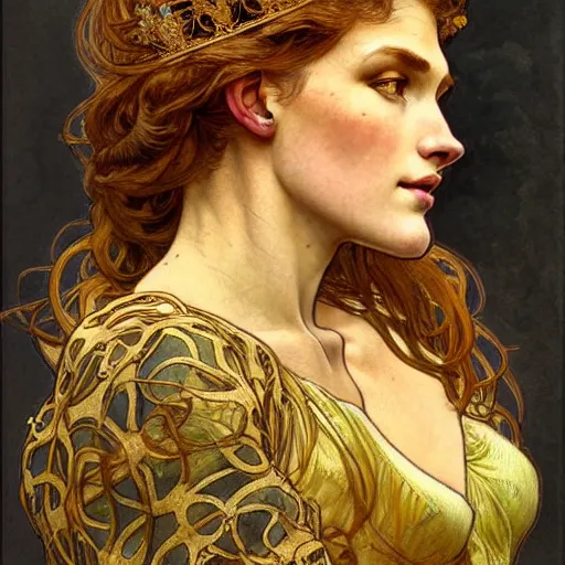 Prompt: highly detailed portrait of a majestic lioness queen in the form of a beautiful woman. d & d, art by anton pieck and augustus edwin mulready and alphonse mucha. trending on artstation, intricate details, energetic composition, golden ratio, concept art, illustration, elegant art