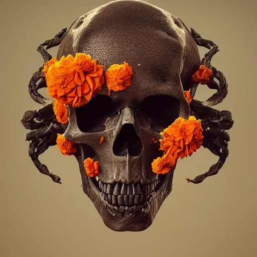 Image similar to skulls and marigold, intricate artwork by Tooth Wu and wlop and beeple. octane render, trending on artstation, greg rutkowski very coherent symmetrical artwork. cinematic, hyper realism, high detail, octane render, 8k, orange and black tones