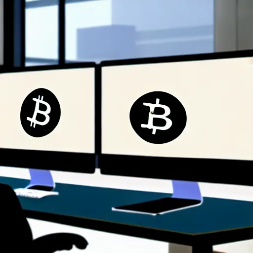 Image similar to a large number of monkeys are sitting in cheap office chairs staring at computer screens in a crowded office with cubicles, the computer screens have bitcoin logos, hyperrealism, unreal engine 5, 4 k, harsh contrast lighting