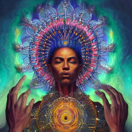 Prompt: the sacred spirit king by GEOGLYPHIKS by FABIÁN JIMÉNEZ by MICHAEL DIVINE by AMANDA SAGE in the style of oil painting visionary art, intricate oil painting artwork. , trending on artstation, greg rutkowski very coherent symmetrical artwork, oil painting