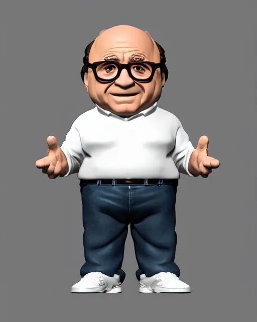 Image similar to full body 3 d render of danny devito as a funko pop, studio lighting, white background, blender, trending on artstation, 8 k, highly detailed