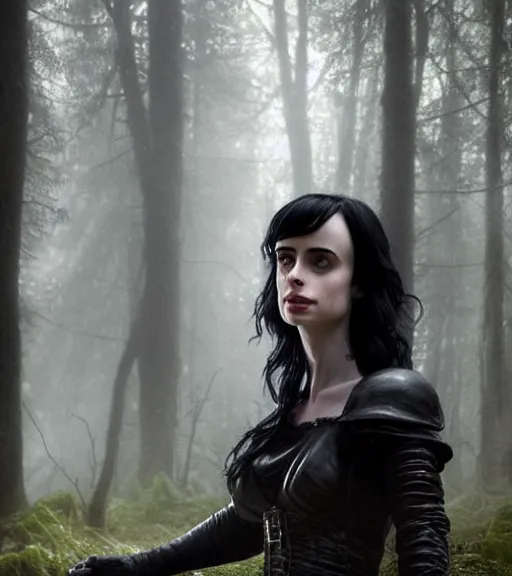 Prompt: 5 5 mm close up portrait photo of krysten ritter as yennefer of vengerberg in black leather armor and long black puff hair, in a forest. magical atmosphere. art by greg rutkowski. lifelike. very detailed 8 k. intricate. soft light. nikon d 8 5 0.