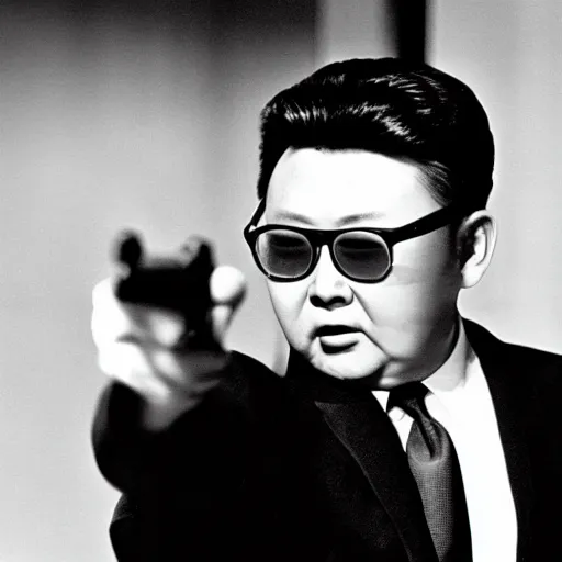 Image similar to Kim Jong-il in the role of James Bond, action filmstill, 1960s spy, Walther PPK, iconic James Bond shot