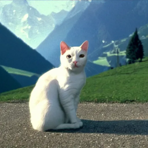 Prompt: a cat riding a bicycle, a white cat with a spot on its head, austria, film still, sound of music, 4 k, 8 k