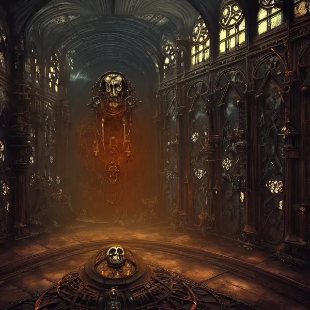 Image similar to steam necropolis, memento mori, gothic, neo - gothic, art nouveau, hyperdetailed copper patina medieval icon, stefan morrell, philippe druillet, ralph mcquarrie, concept art, steampunk, unreal engine, detailed intricate environment, octane render, moody atmospherics, volumetric lighting, ultrasharp, ominous, otherworldly