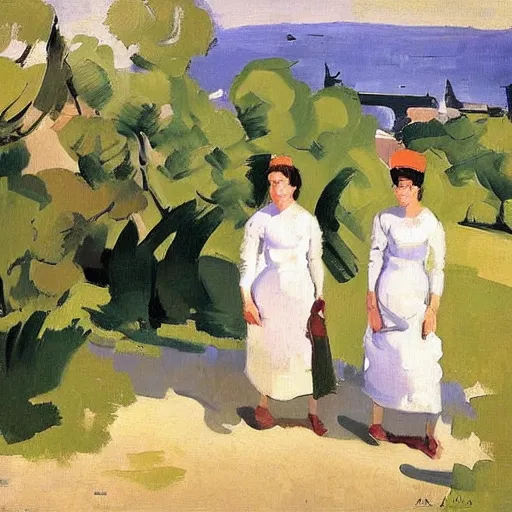 Image similar to a portrait of two beautiful sisters in a scenic environment by albert marquet