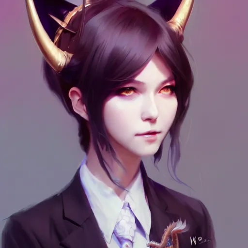 Prompt: character design portrait of a beatiful anthropomorphic furry dragon girl with dragon horns, wearing a suits, looking at the camera, 4 k, concept art, by wlop, wenjun lin, watercolor, ilya kuvshinov, artgerm, krenz cushart, pixiv.