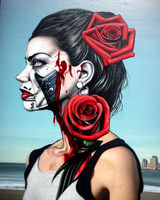 Image similar to horror with blood, rose and a pistol with sea and ocean in the background intricate details side profile by Sandra Chevrier