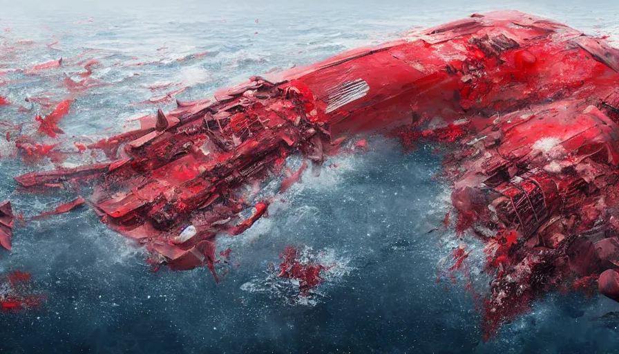 Image similar to cruise ship sinking in blood sea, hyperdetailed, artstation, cgsociety, 8 k