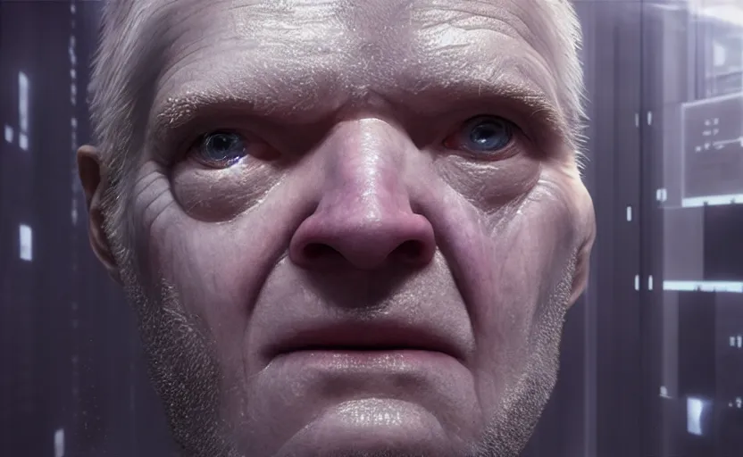 Image similar to extremely detailed cinematic movie still 3 0 7 7 foggy portrait shot of a cyber human android 5 5 years old white man hyperreal skin face in the data centre by denis villeneuve, wayne barlowe, simon birch, marc simonetti, philippe druillet, beeple, bright volumetric sunlight from small windows, rich moody colors, closeup, bokeh, noir