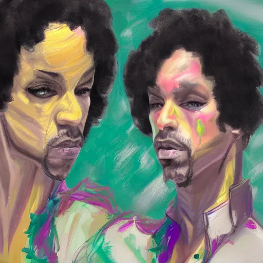 Image similar to a messy painting of Prince. Jealousy. Twin sisters. Trending on ArtStation