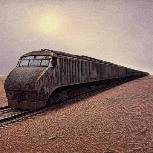 Image similar to Train Locomotive. Vacant. Desolation. Unsettling. Zdzisaw Beksinski