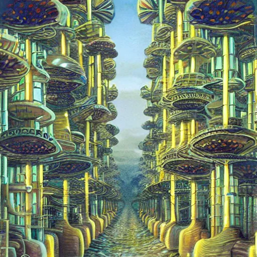 Prompt: scifi advanced mushroom city streets, modern architecture, by marianne north, by michael parkes, concept art