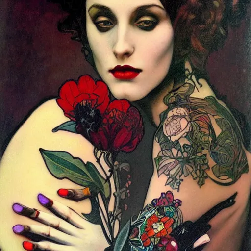 Prompt: A beautiful painting of a lady vampire, colorful arm tattoo, victorian, dracula, ominous, oil on canvas, photorealism, alphonse mucha, caravaggio, irwin penn, high definition, soft light