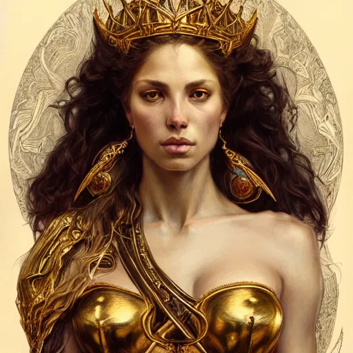 Image similar to highly detailed portrait of a majestic lioness queen in the form of a beautiful woman. d & d. art by eugene delacroix, donato giancola, anna dittmann. trending on artstation, intricate details, energetic composition, golden ratio, concept art, illustration, elegant art, global illuminaition