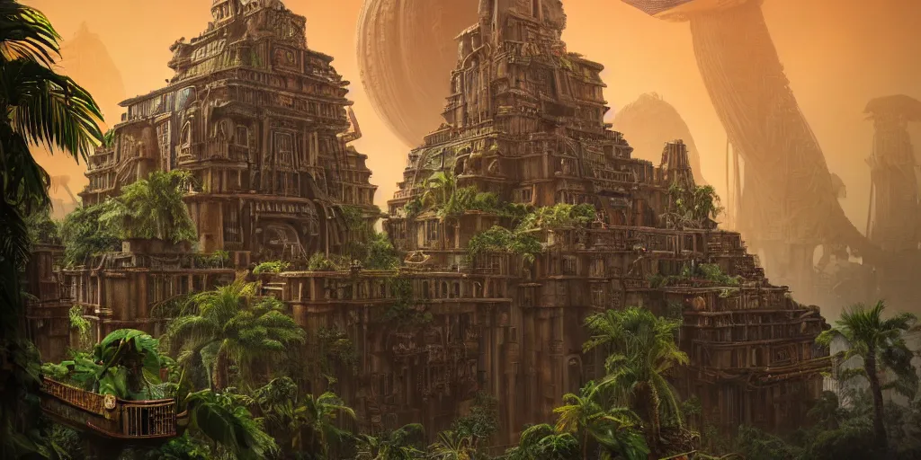 Prompt: aztec steampunk jungle temple, by tim blandin and arthur haas and bruce pennington and john schoenherr, big windows architecture by zaha hadid, octane render, warm colour scheme, white, cinematic, scenery, cgsociety, modernism, futuristic, trending on artstation, sci - fi, high detail, high quality, close up angle