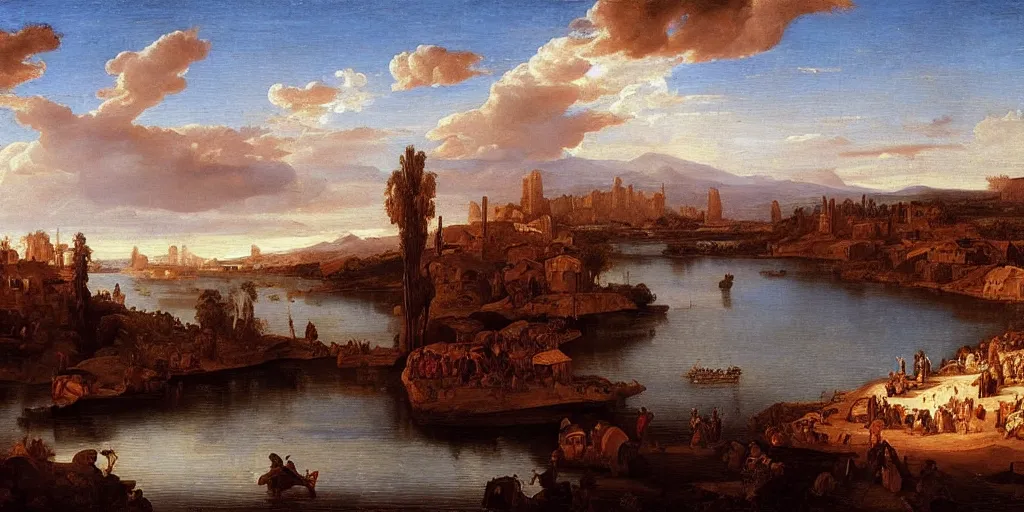 Image similar to Highly detailed and cinematic Renaissance period oil painting of the Nile, an oil painting ((masterpiece)) by ((Josep Tapiró Baró)), dynamic lighting, 8K