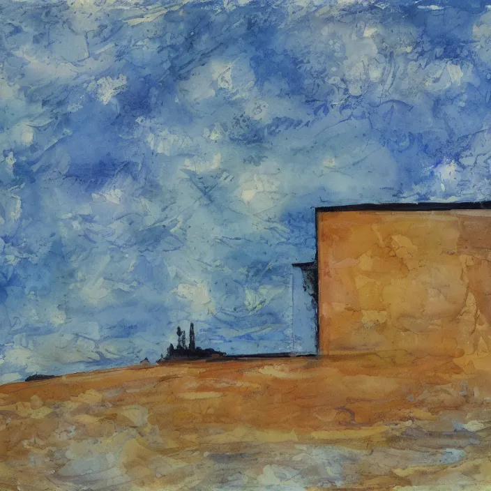 Image similar to a building in a serene landscape, expressionism