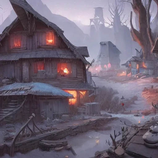 Image similar to smurf village as a ghost town, greg rutkowski, detailed,