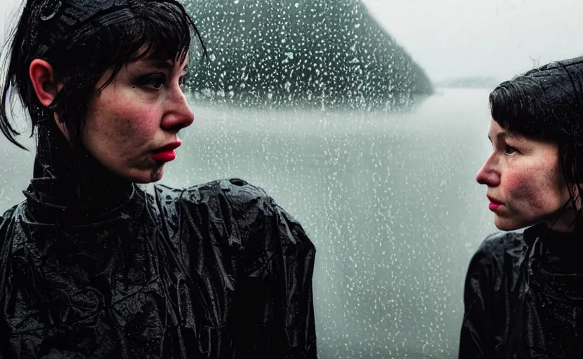 Image similar to cinestill 5 0 d candid photographic portrait by helen levitt of two loving female androids wearing rugged black mesh techwear in treacherous waters, extreme closeup, modern cyberpunk moody depressing cinematic, pouring rain, 8 k, hd, high resolution, 3 5 mm, f / 3 2, ultra realistic faces, ex machina