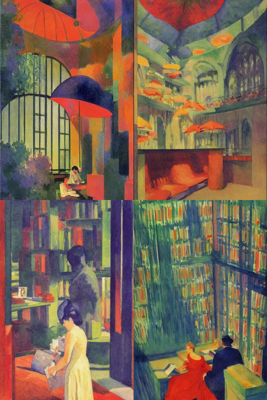 Prompt: impressionist watercolor painting by Claude Monet, surrealist secret lusciously botanical underground library by Edward Hopper, by Dean Ellis, by Sonia Delaunay, by Jean Giraud, 1942, symmetric