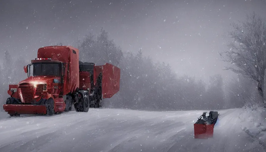 Image similar to A cozy Snowplow! stuck in the heavy snow of a beautiful snowy landscape. A blizzard and heavy snow falls. Fog and mist, highly detailed, concept art, digital art, 4k, high snow