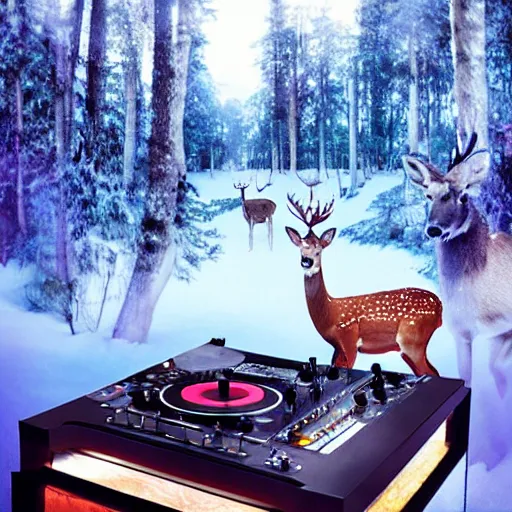 Prompt: “a crowded chukcha rave detailed photo with a deer playing tracks on the turntables in tundra, matte painting”