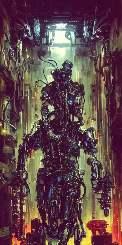 Image similar to a epic bishop in cyberpunk powered suit, super complex and instruct, epic stunning atmosphere, hi - tech synthetic rna bioweapon nanotech demonic monster horror by syd mead, michael whelan, jean leon gerome, junji ito