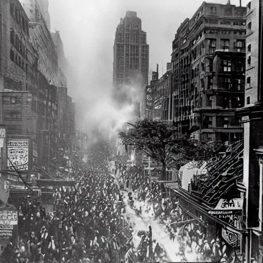 Image similar to old black and white photo, 1 9 1 3, depicting a kaiju rampaging through the bustling streets of new york city, historical record