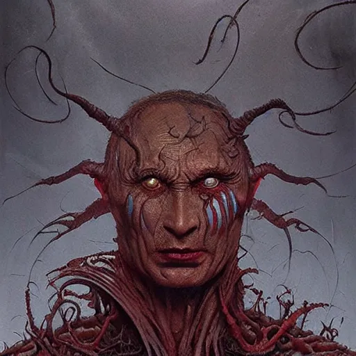 Image similar to rotten worm with face of vladimir putin face made of worms demonic horror, dark fantasy, intricate, highly detailed, smooth, artstation, painted by wayne barlowe, greg rutkowski, zdislav beksinski, francis bacon