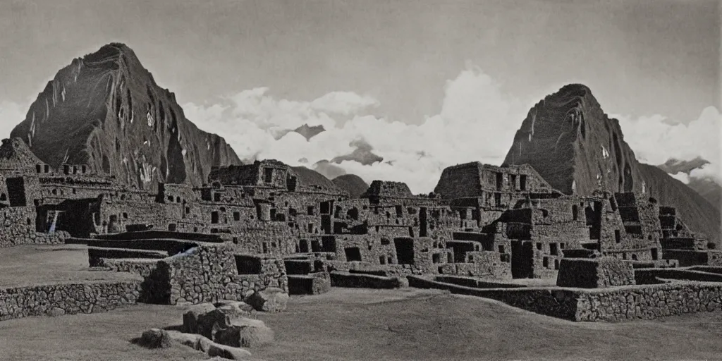 Image similar to lost city of the incas, vintage photograph, bw, by edward s curtis, realistic,