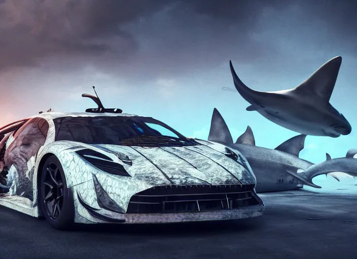 Image similar to hd wallpaper of a car made out of sharks, octane render, 8 k, hyperrealistic, unreal 5, intricate detail, cinematic, studio lighting, concept art, trending on artstation,