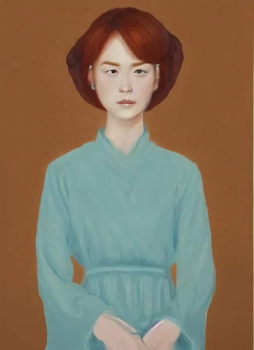 Prompt: a portrait of a young woman with ginger hair and light blue eyes wearing a traditional silk dress with very long sleeves. she looks at the viewer with a curious, witty expression. beautiful painting by jia ruan.