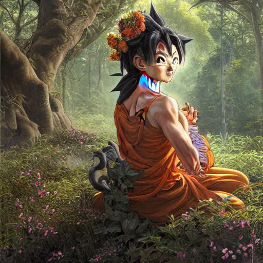 Image similar to intricate detailed portrait painting of goku on a beautiful forest meadow, temple ruins surrounded by lush forest, afternoon, intricate, elegant, highly detailed, digital painting, sharp, focus, illustration art by artgerm and greg rutkowski and alphonse mucha