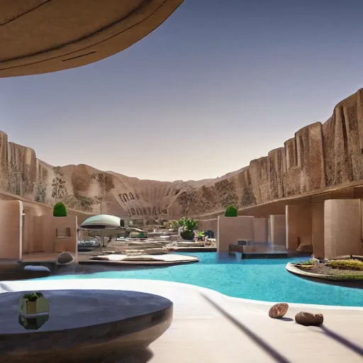 Image similar to brutalism luxury hotel in the desert, biophilia mood, pool, garden, highly detailed, cinematic, photorealistic,