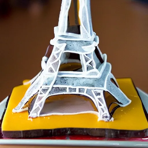 Image similar to a cake that is made of a varieaty of cheese in the shape of the eiffel tower, tha cake is in the shape of the eiffel tower, all the cake structure is made of cheese and in format of the eiffel tower , Award winning photo 35mm