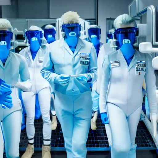 Image similar to troop in formation of athletic humans with light blue latex suits and white hair on a conveyor belt, futuristic chemistry lab, sci - fi, highly detailed, hyperrealistic