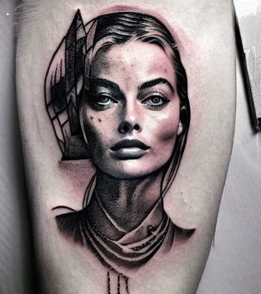 Image similar to mash up tattoo sketch of margot robbie with beautiful mountain scenery, in the style of arlo dicristina, surrealist, amazing detail, sharp
