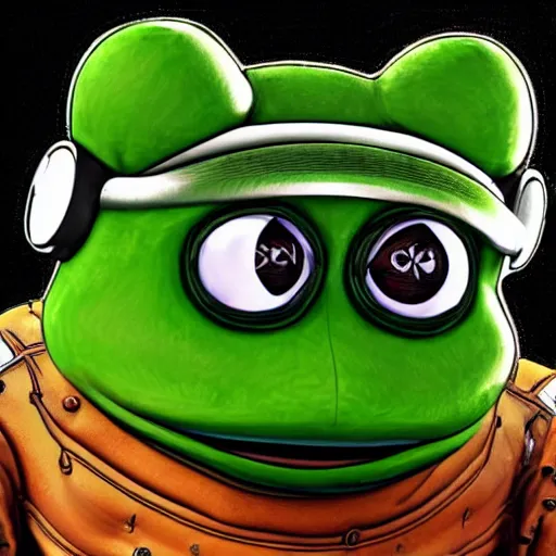 Prompt: ultra detailed, highly realistic, pepe the frog, wearing mech helmet, trending on artstation, ultra realistic, photo realism, high texture detail, extreme lifelike, digital art, vibrant