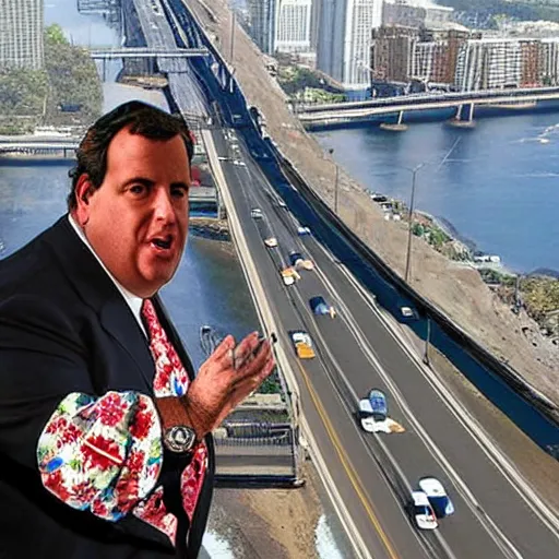 Image similar to oversized gigantic huge chris christie in a hawaiian shirt sitting on top of a bridge, blocking traffic. ap photo. bizarre, surreal photoshop. impossible proportions